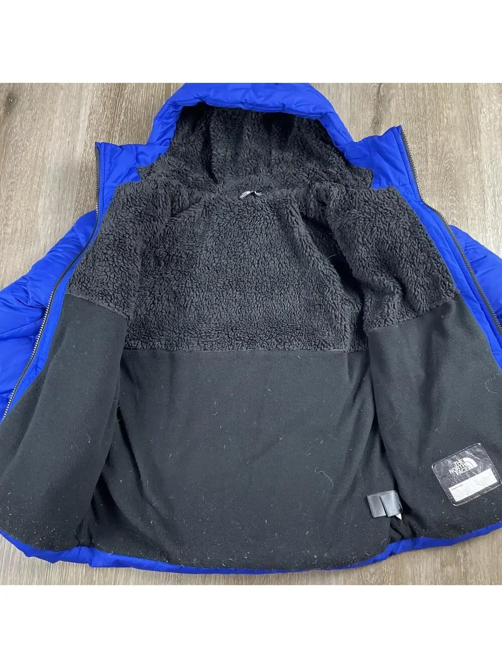 Y2K The North Face Down Sherpa Lined Puffer Jacket 550 Blue Hooded Boys L 14/16